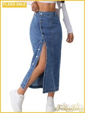 Midi Denim Skirt with Slit Button Front High Waist Stretch Jean Skirt